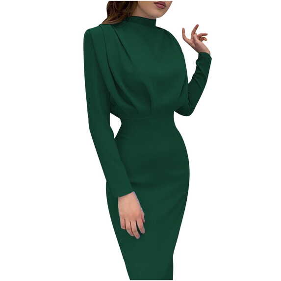 XFLWAM Women&#39;s Pencil Work Dresses Long Sleeve High Neck Bodycon ...