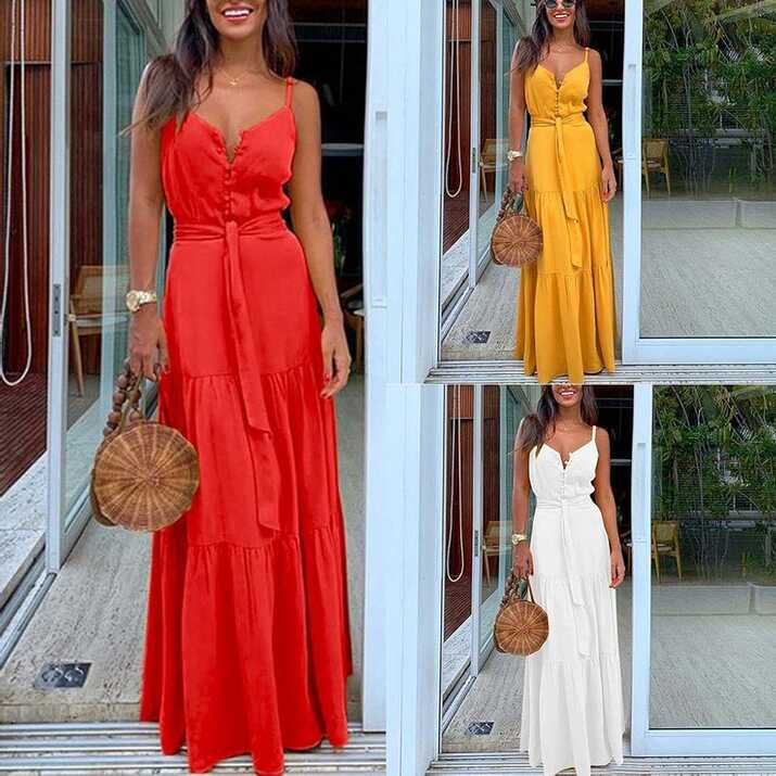 XIANGBEI Women Summer Spaghetti Strap Sexy V-Neck Button Maxi Long ...