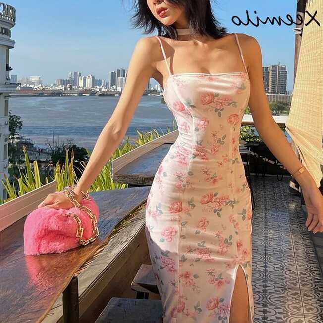 Xeemilo Aesthetic Floral Printing Maxi Dress Y2K Sleeveless Lace ...