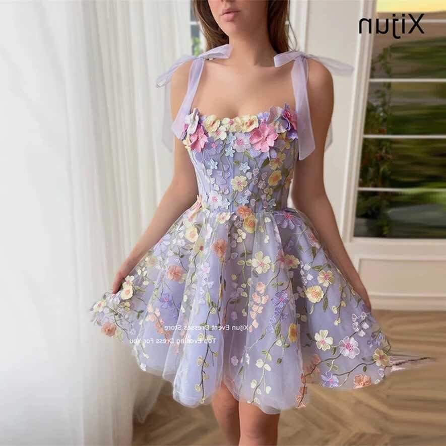 Xijun Lavender Floral Lace Mini Prom Dress Short Evening Dress ...