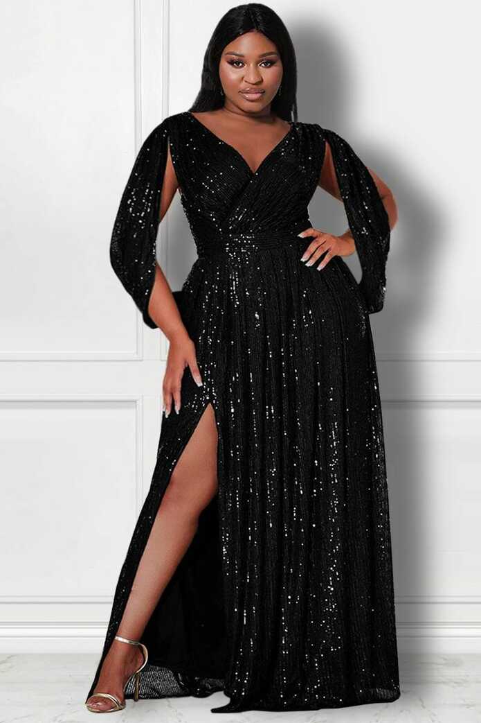 Xpluswear Design Plus Size Black Formal Sequin High Slit Maxi Dresses