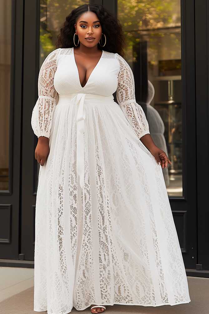 Xpluswear Design Plus Size Formal Elegant White V Neck Lantern ...