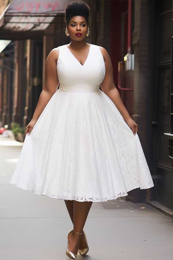 Xpluswear Design Plus Size Semi Formal White Elegant V Neck ...