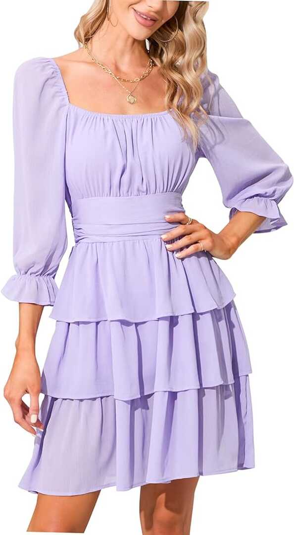 Xuepelit Women Square Neck Tie Back Ruffle Dress Long Sleeve ...