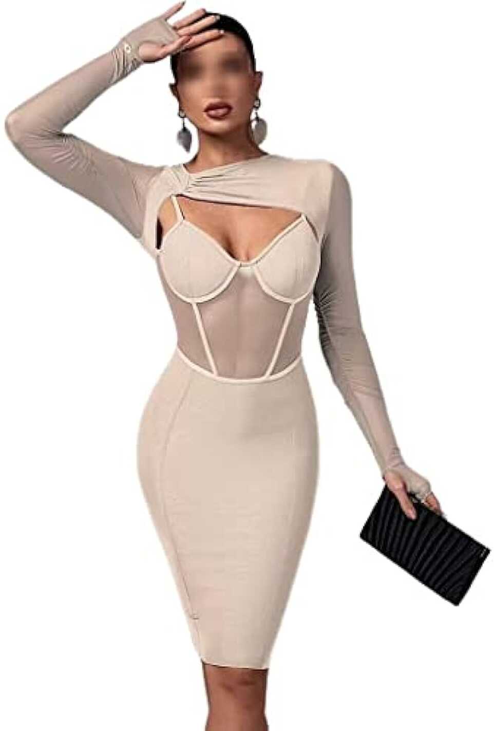 YANYUESHOP Mesh Bandage Dress Women Long Sleeve Bodycon Dress ...