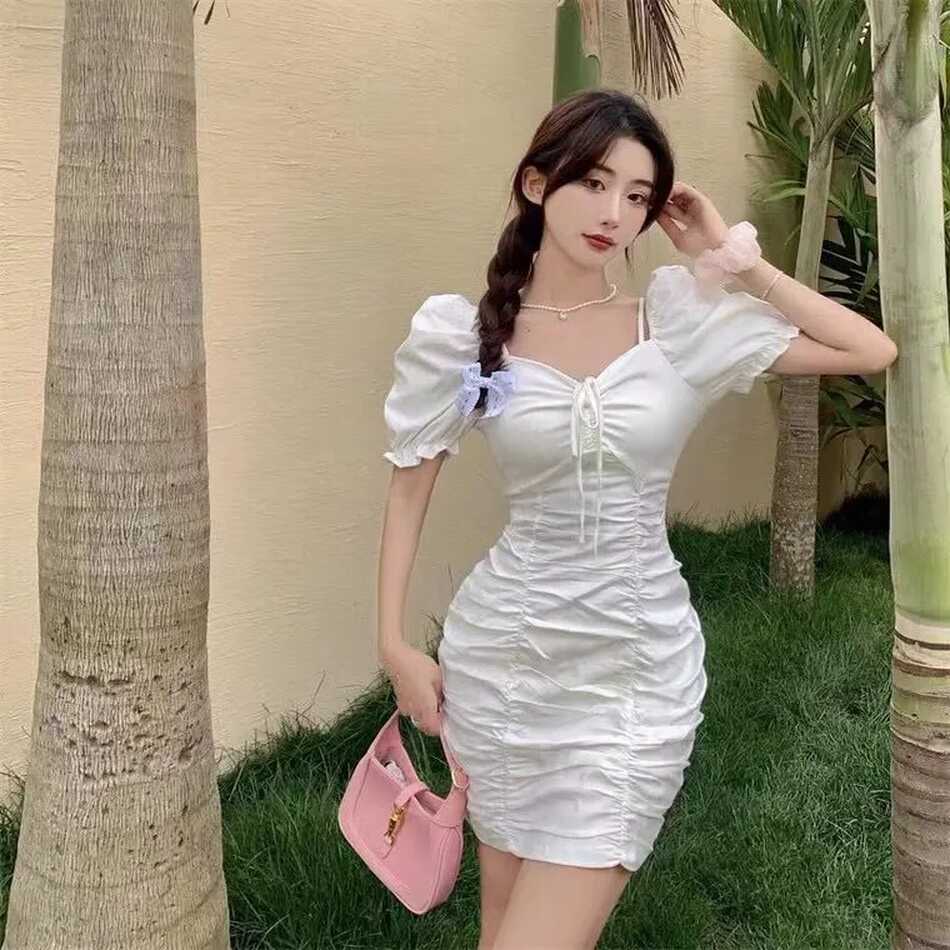 YATO White Korean Dress for Woman Casual Fitted Dress Thin Elegant ...