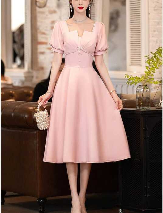 YEBDD Pink Bridesmaid Dress Pearls Beading Bow A-Line Evening ...