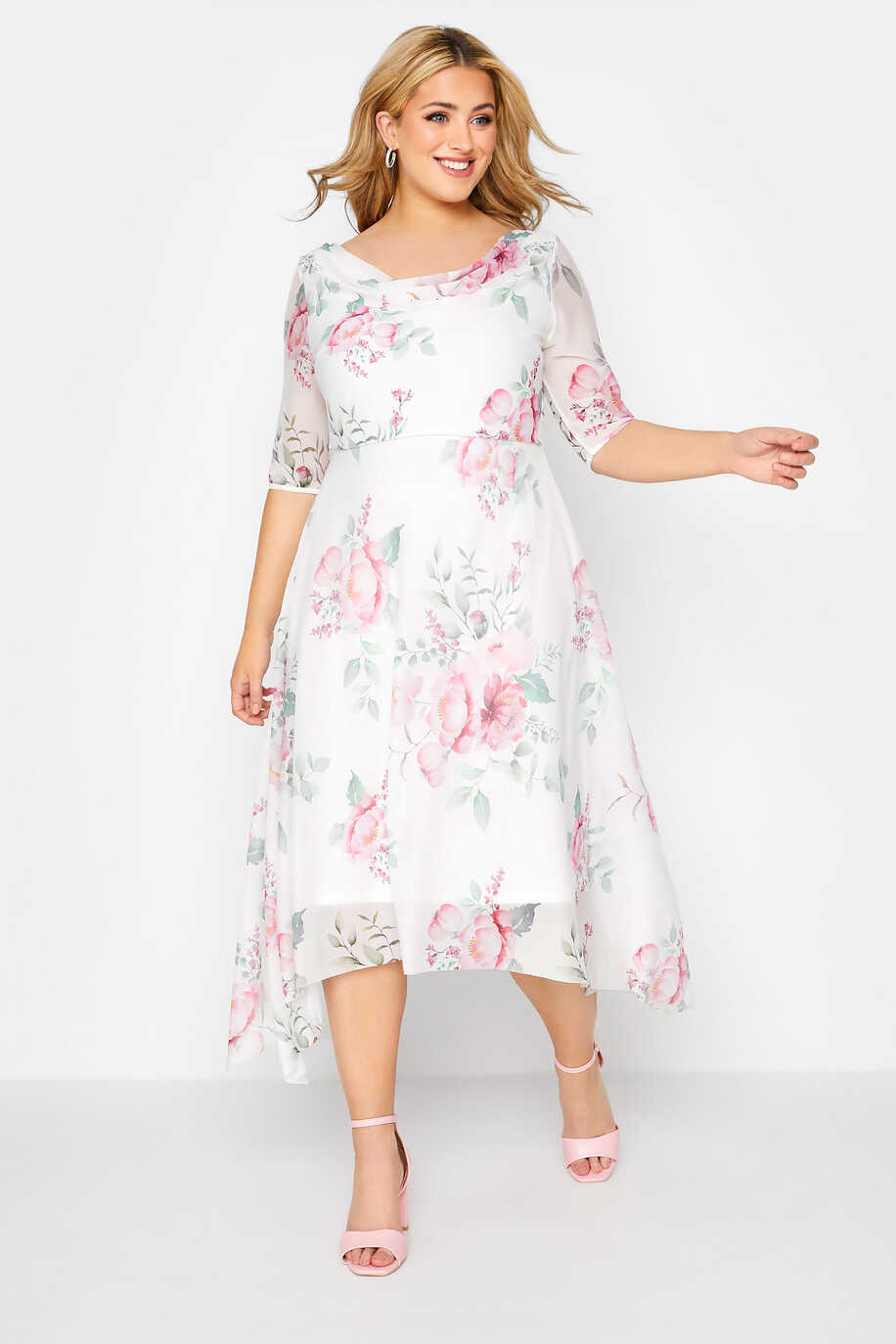 YOURS LONDON Plus Size White Floral Cowl Dress | Yours Clothing