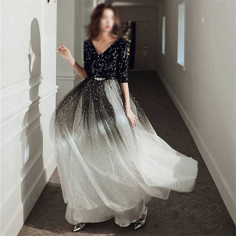 YXBDN Evening Dresses Long Simple A-Line V Neck Half Sleeve Tulle ...