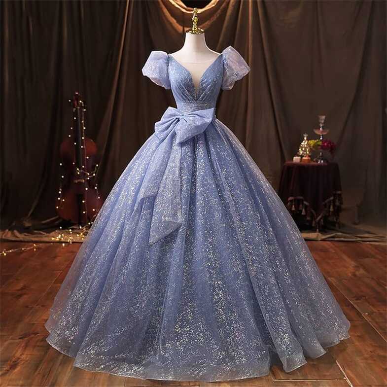 YXBDN Glitter Dresses Beautiful Blue Ball Gowns Puff Short Sleeves ...