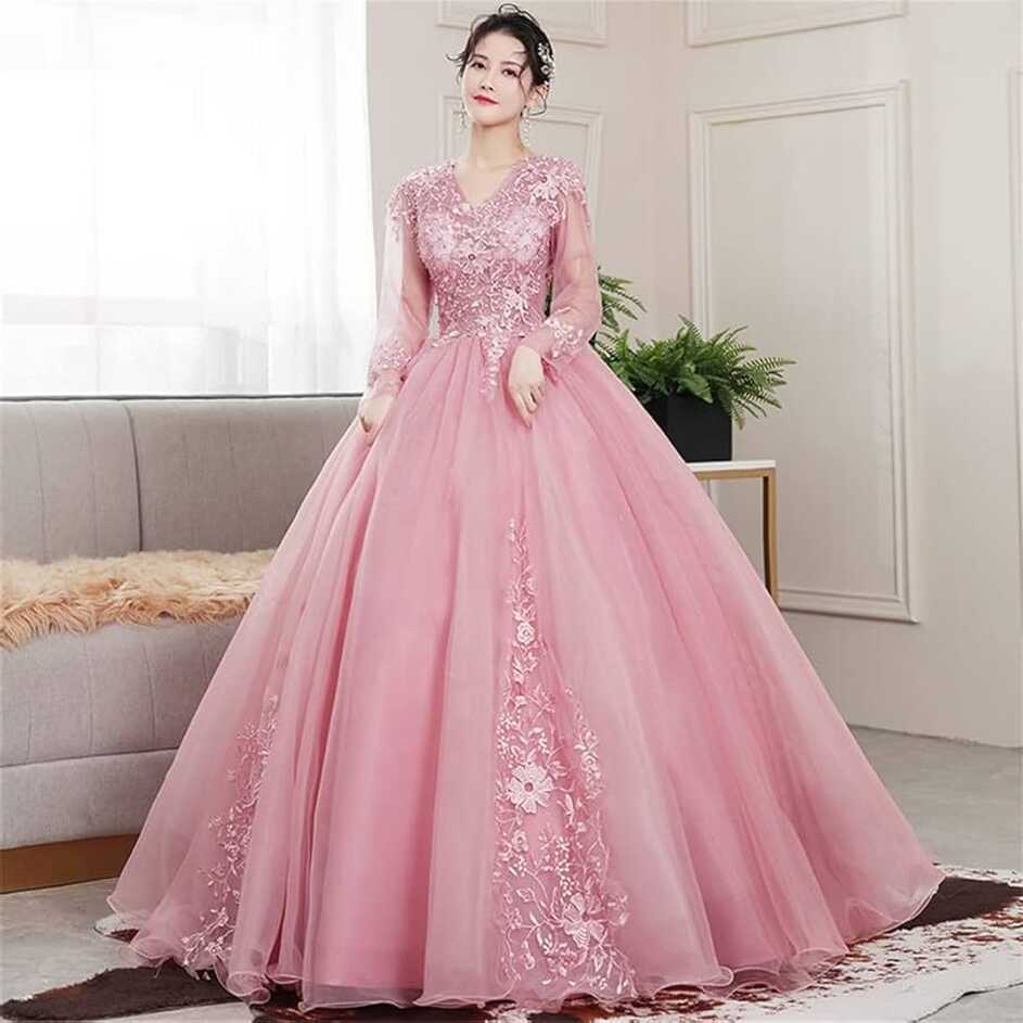 YXBDN Pink Sweet Dresses Princess Evening Dress Lace Embroidery ...