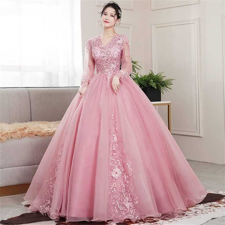 YXBDN Pink Sweet Dresses Princess Prom Gown Lace Embroidery Pearls ...