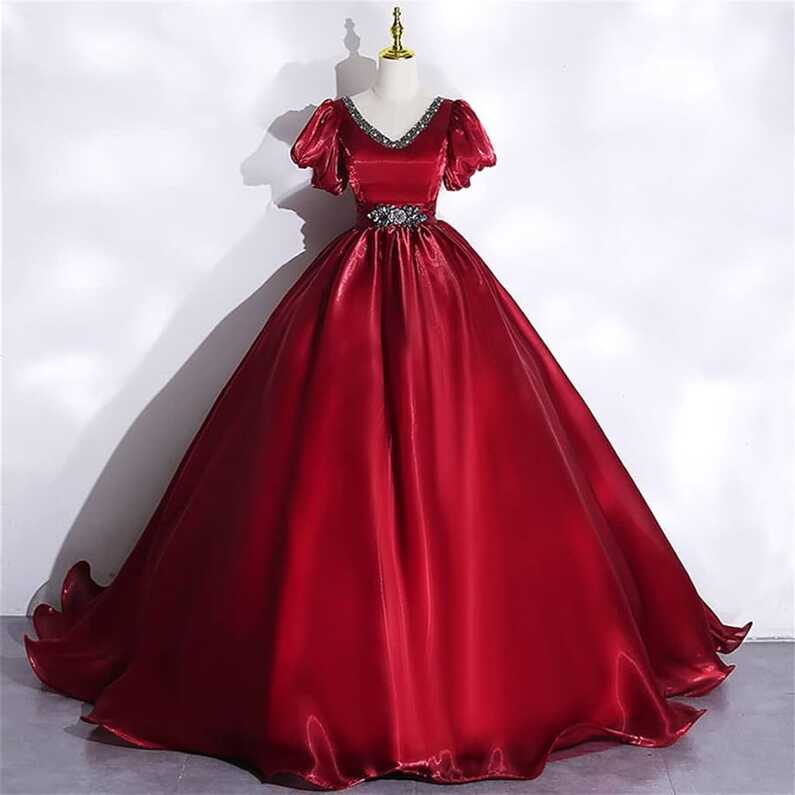 YXBDN Wine Red Organza Dresses Beaded V Neck Short Sleeve Prom ...