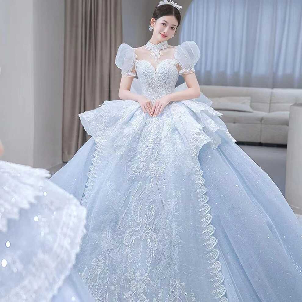 Yc72 Ice Blue Bubble Sleeves Luxury New Wedding Dress Princess Style