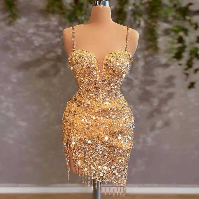 Yellow Cocktail Dresses 2022 Spaghetti Strap Bead Mini Evening ...