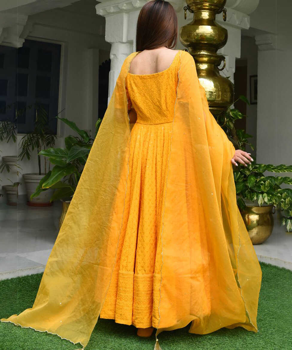 Yellow Designer Anarkali Gown In Cotton With Lucknowi Chikankari Embro