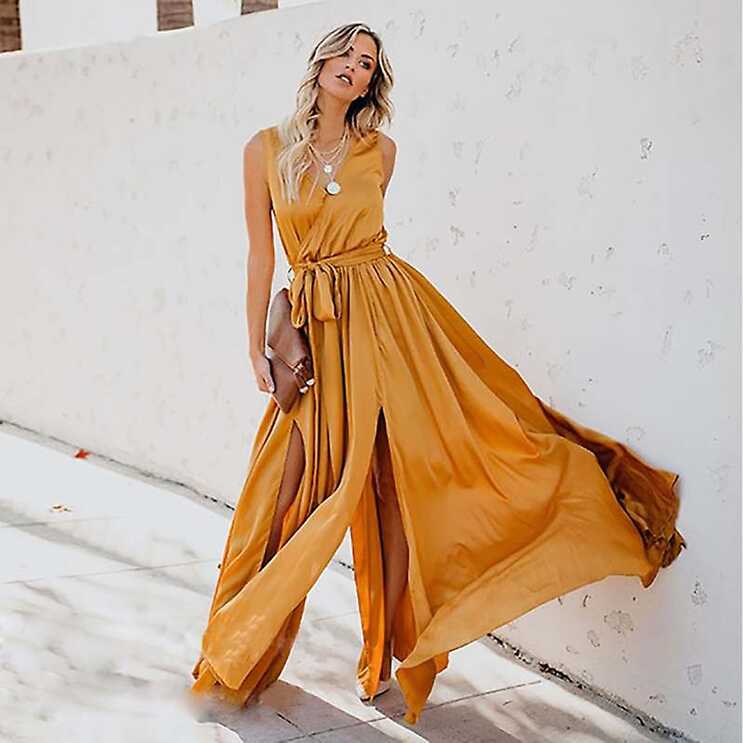 Yellow Dress Evening Party Dress Women Elegant V Neck Sleeveless ...