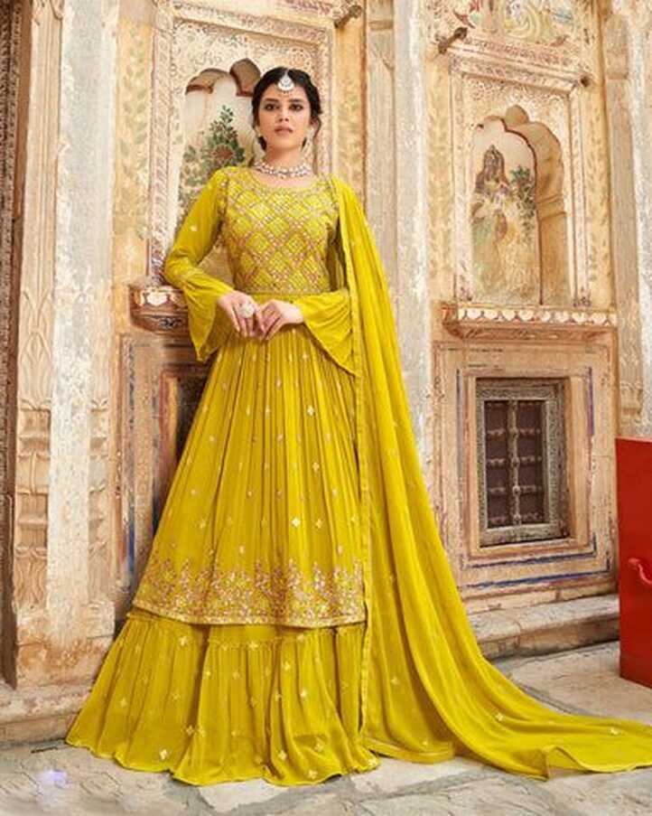 Yellow Georgette Round Neck Bell Sleeve Thread Work Naira Cut ...