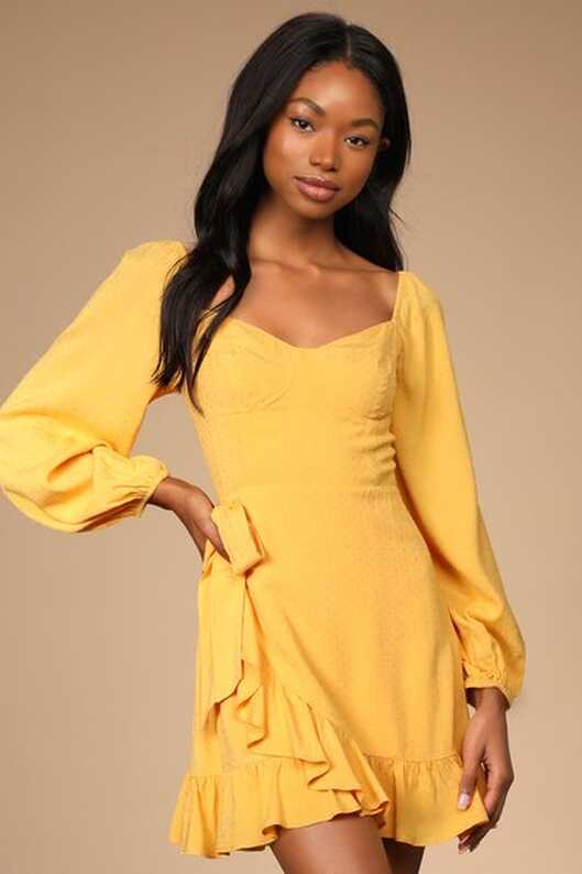 Yellow Mini Dress - Balloon Sleeve Dress - Wrap Skirt Dress - Lulus