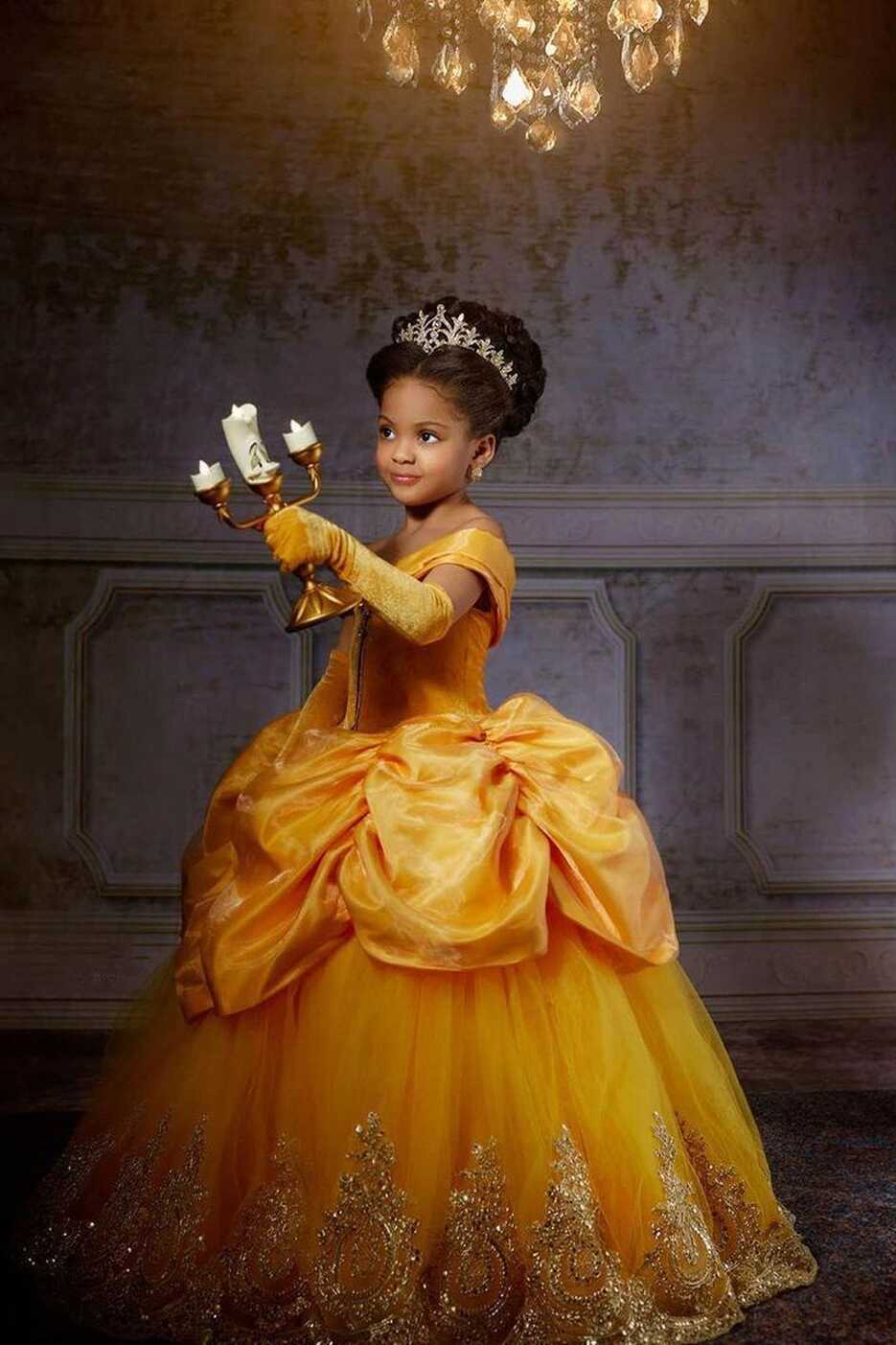 Yellow Princess Girl Dress With Lace Off-the-Shoulder Velvet Tulle ...