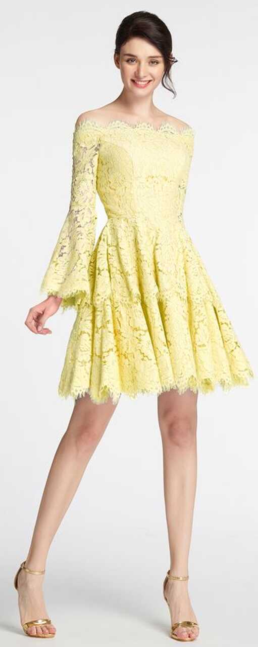 Yellow Scalloped Tiered Homecoming Dresses Long Sleeves