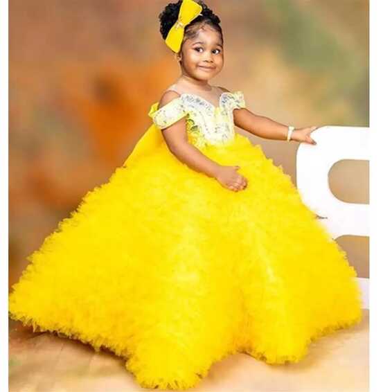 Yellow Sheer Neck Ball Gown Flower Girl Dress With Beaded Bow Tie ...