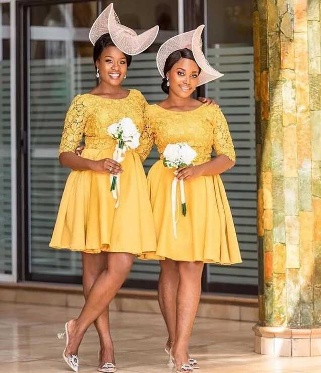 Yellow Short Lace Bridesmaid Dresses 2021 African Scoop Half ...