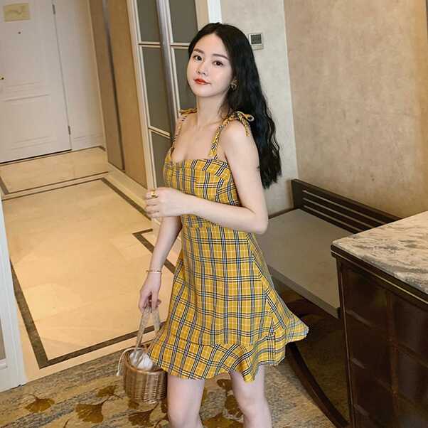 Yellow plaid sling summer Clothes Korean version 2020 new Women ...