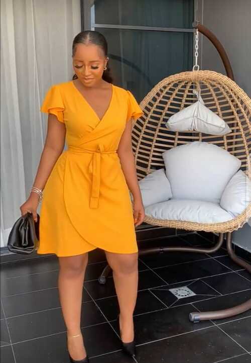 Yellow wrap dress midi outfit