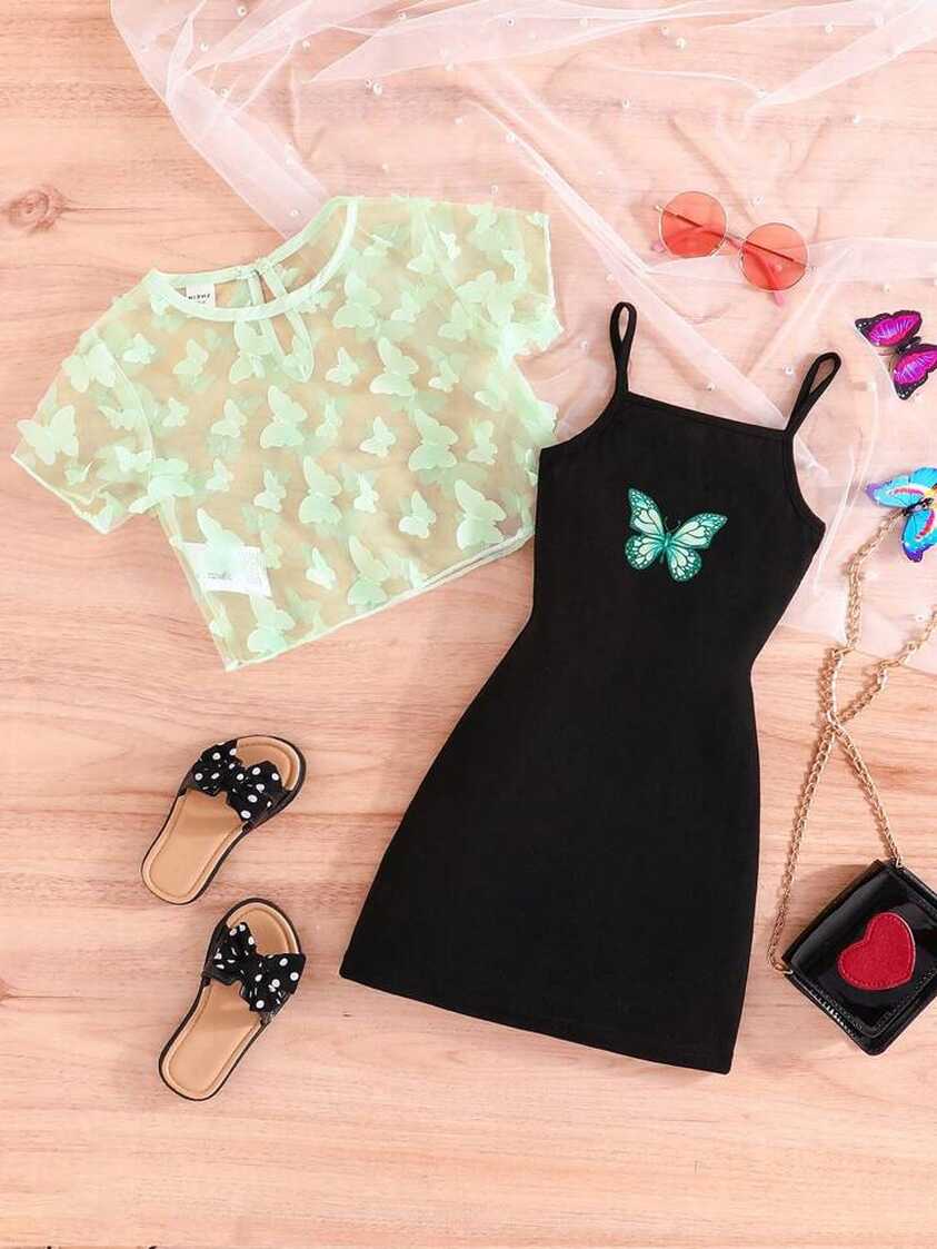 Young Girl Butterfly Print Cami Dress &amp; Appliques Mesh Top | SHEIN