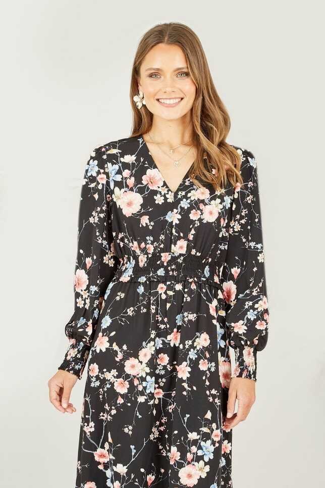 Yumi Black Blossom Floral Print Ruched Long Sleeves Midi Dress | Yumi