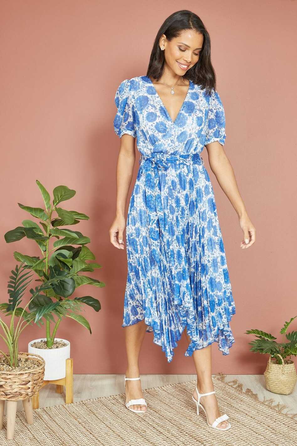 Yumi Blue Floral Pleated Midi Dress With Puff Sleeves | Yumi