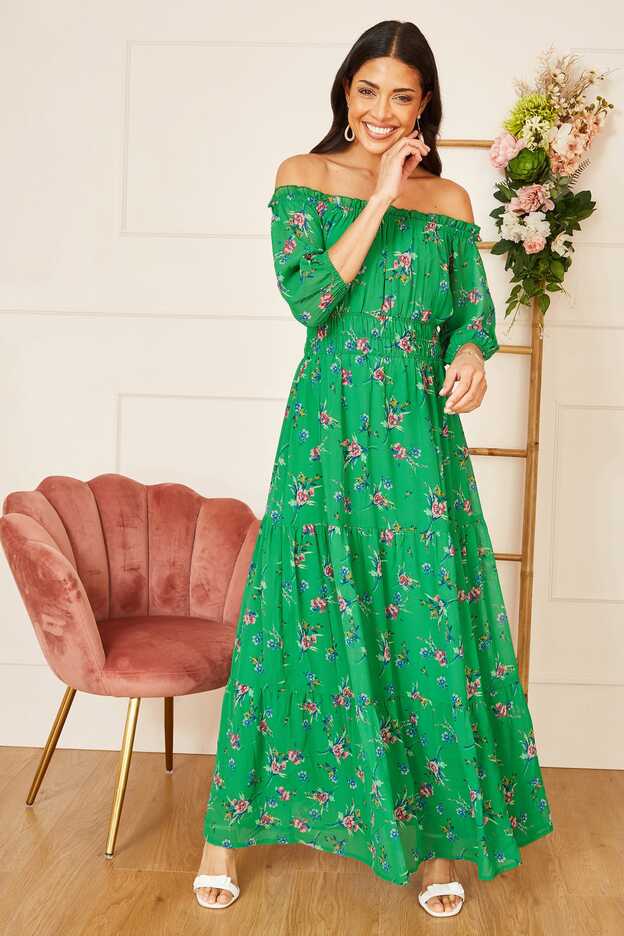 Yumi Green Floral Bardot Long Sleeve Maxi Dress | Yumi