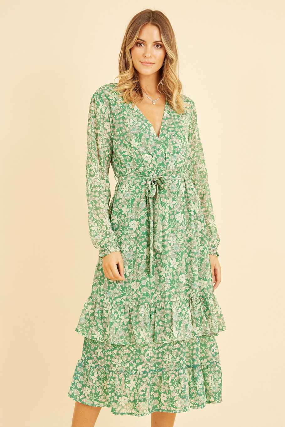 Yumi Green Floral Wrap Long Sleeve Tiered Midi Dress | Yumi