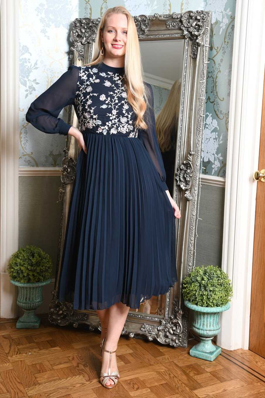 Yumi Navy Long Sleeve Embroidered Midi Dress With Pleats | Yumi