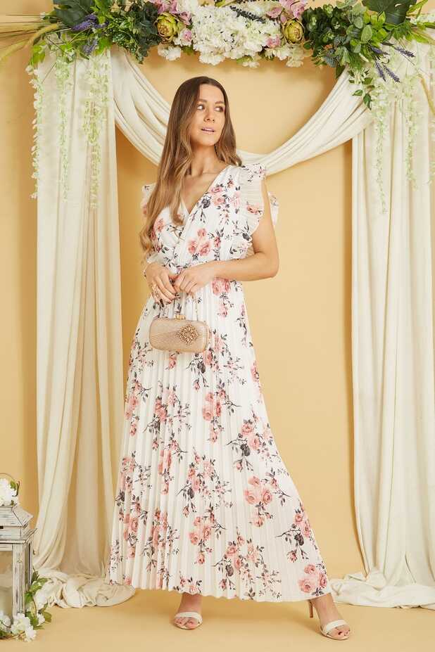 Yumi White Floral Frill Sleeve Maxi Dress | Yumi