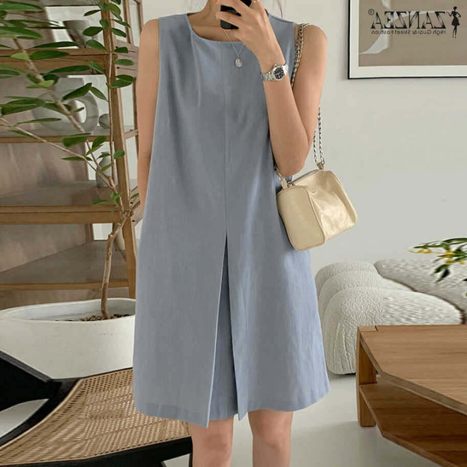 ZANZEA Korean Style Women Plain Sleeveless Shift Dress Round Neck ...