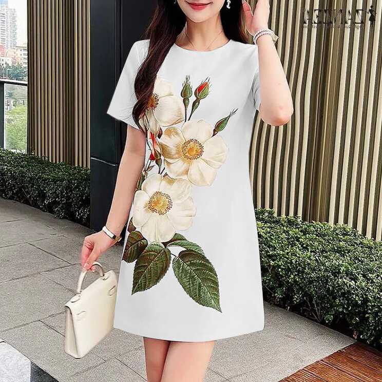 ZANZEA Korean Style Womens Flower Printed Mini Dresses Elegant ...