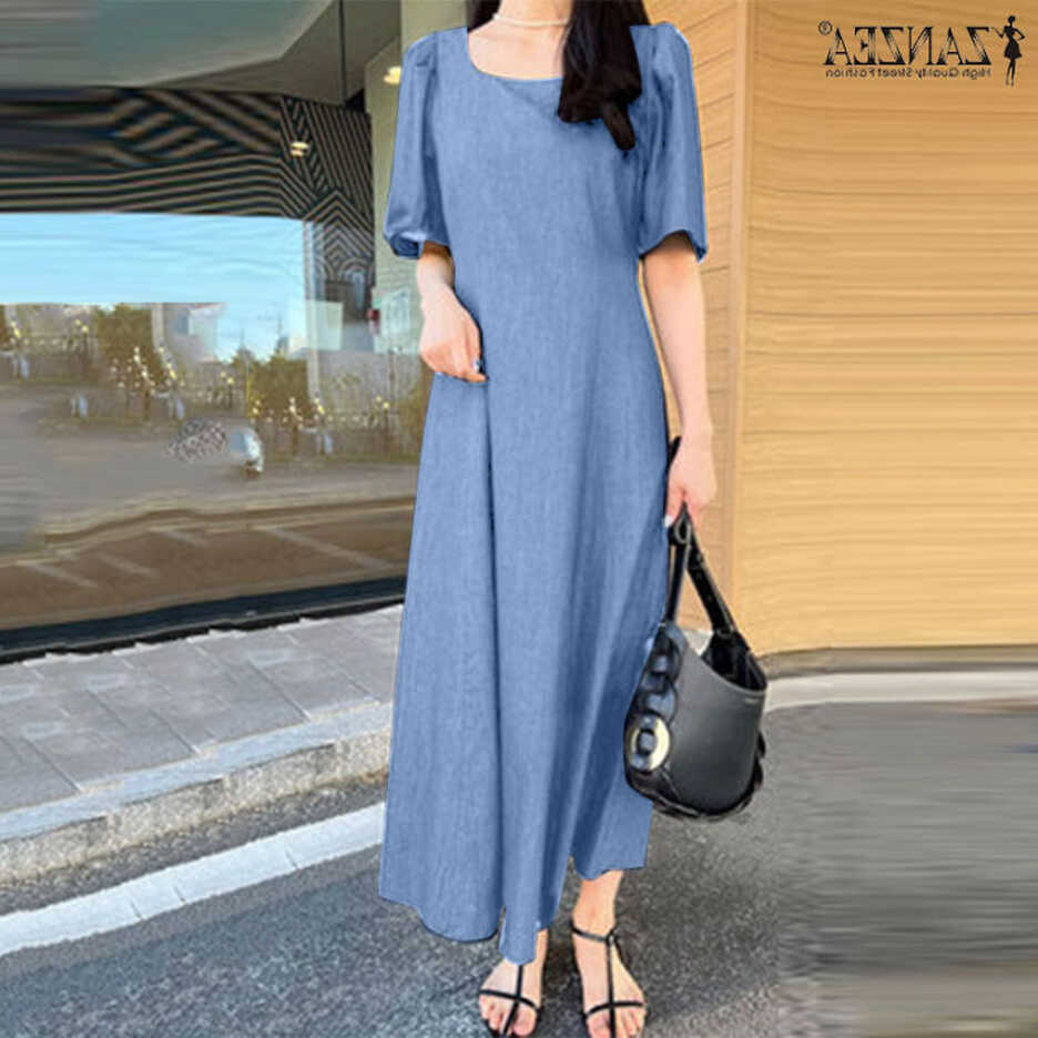 ZANZEA Womens Short Sleeve Square Neck Denim Blue Style Long Dress ...