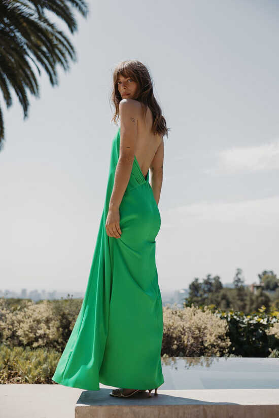 ZARA Long Dress Green Satin Halter Neck Low Back Backless XS S M L ...