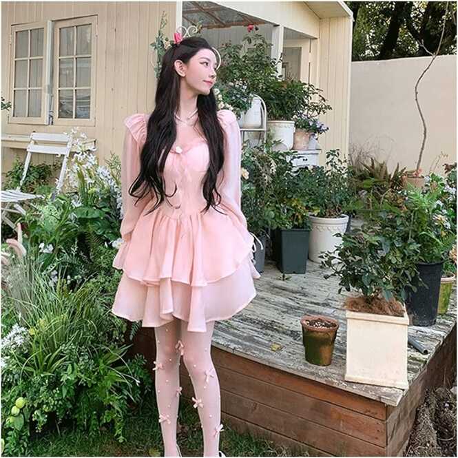 ZSQAW Dress Woman Pink Kawaii Long Sleeve Dress Party Summer ...