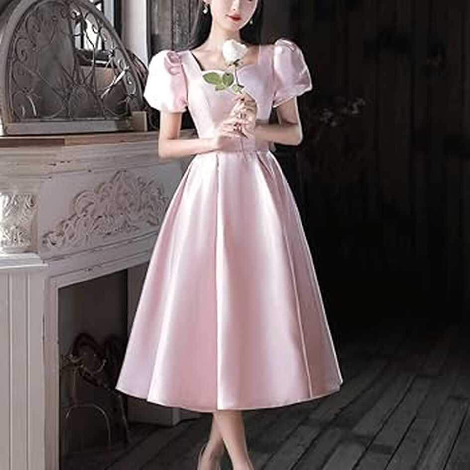 ZSQAW Pink Bridesmaid Dress French Style Simple Solid Mid-Length A ...