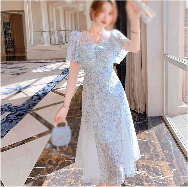 ZSQAW Vintage Chiffon Fairy Dress Women Elegant Floral Print Split ...