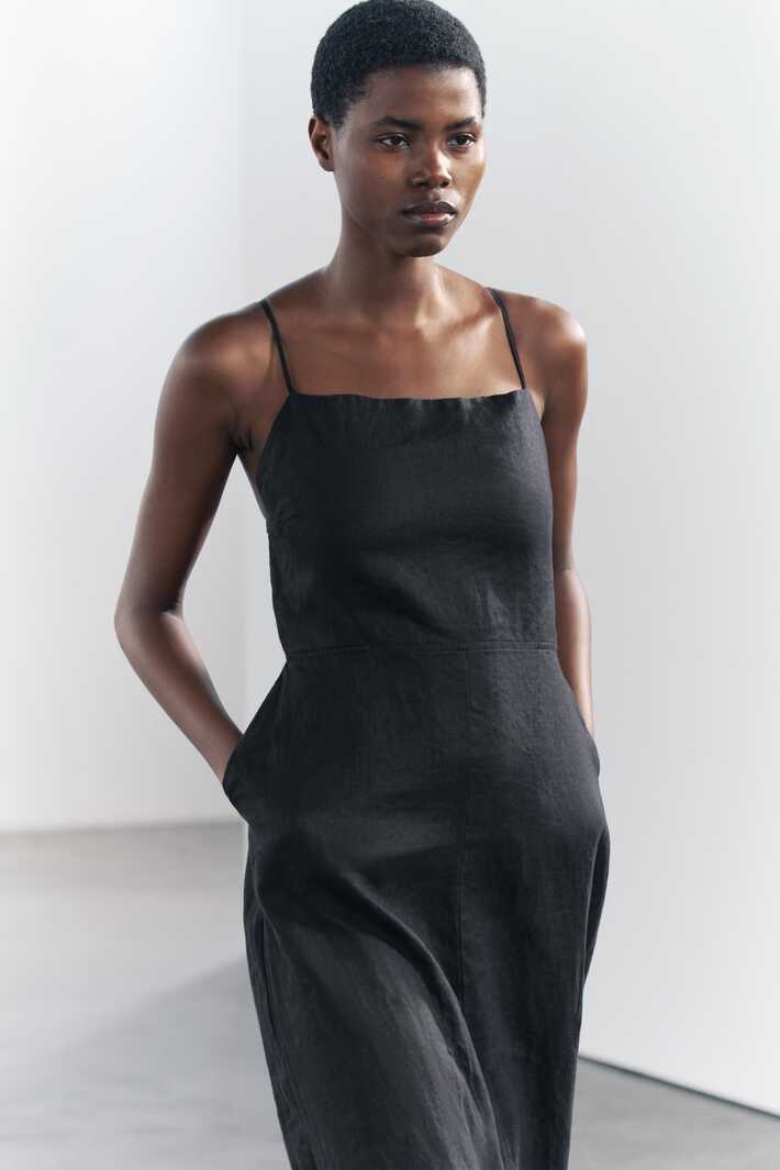 ZW COLLECTION 100% LINEN MIDI DRESS - Black | ZARA Turkey