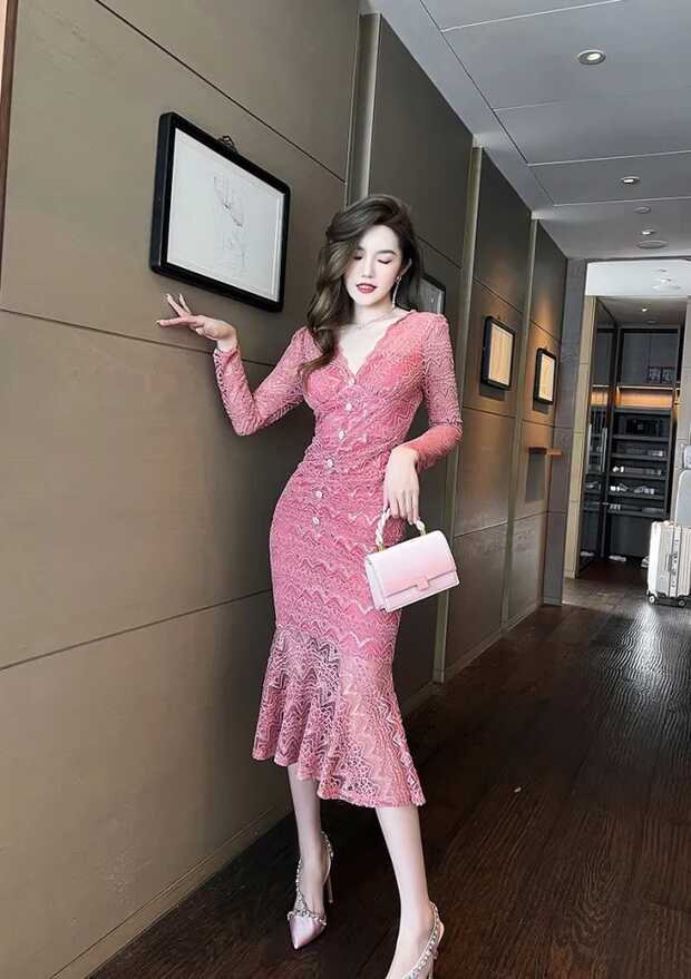 ZY·HT Tight Dress Long Dress Pink Dress Lace Dress Wedding Dress ...