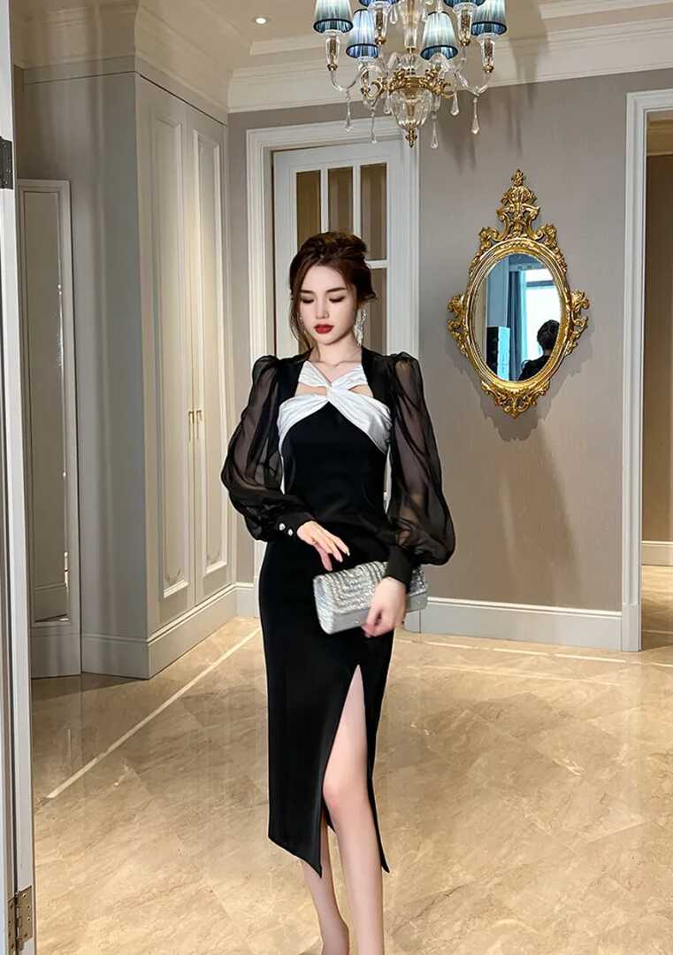 ZYHT Women&#39;s Black Dresses Long -sleeved Satin Sexy Korean Party ...