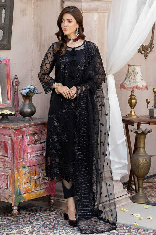 Zahra by Zainab Manan Unstitched Chiffon 3Pc Suit ZM-28 Black Onyx