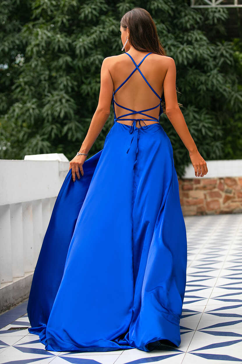 Zapaka Women&#39;s A-line Royal Blue Backless Satin Long Prom Party ...