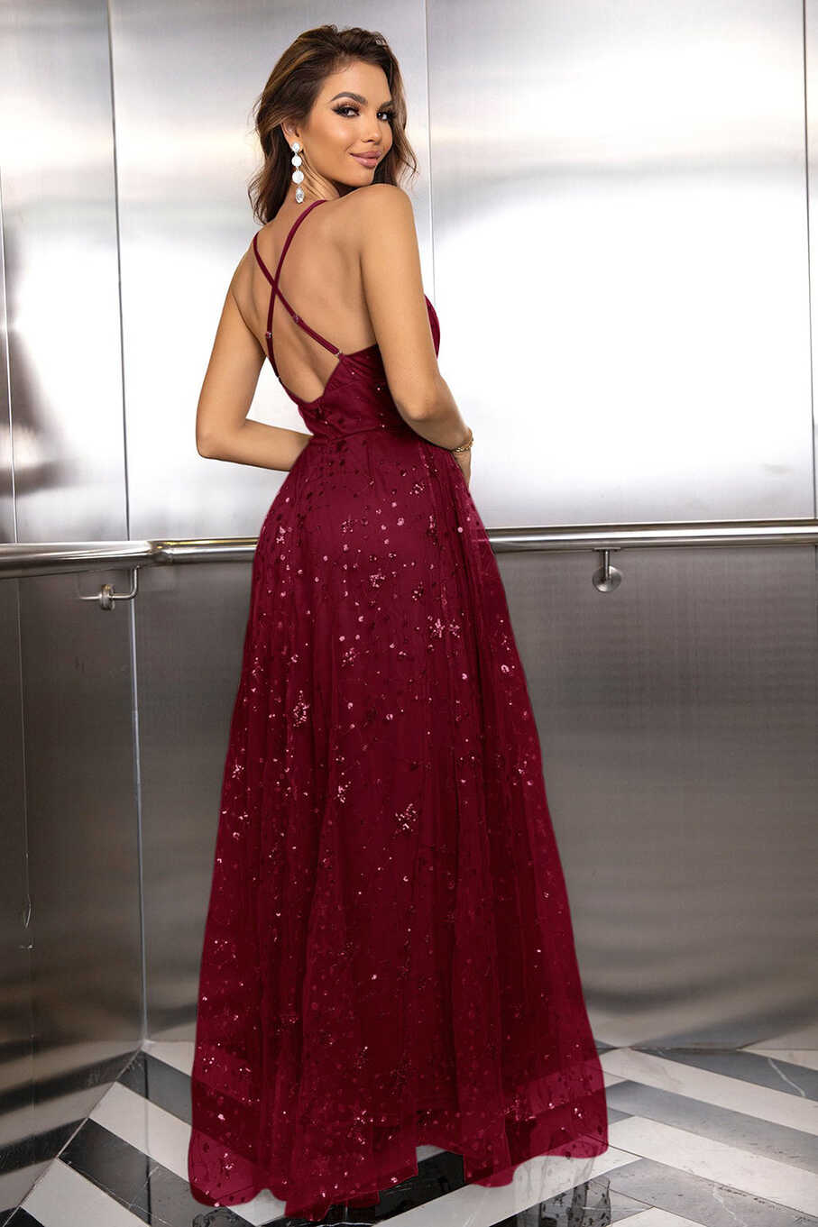 Zapaka Women Burgundy Prom Dress Spaghetti Straps Open Back Party ...