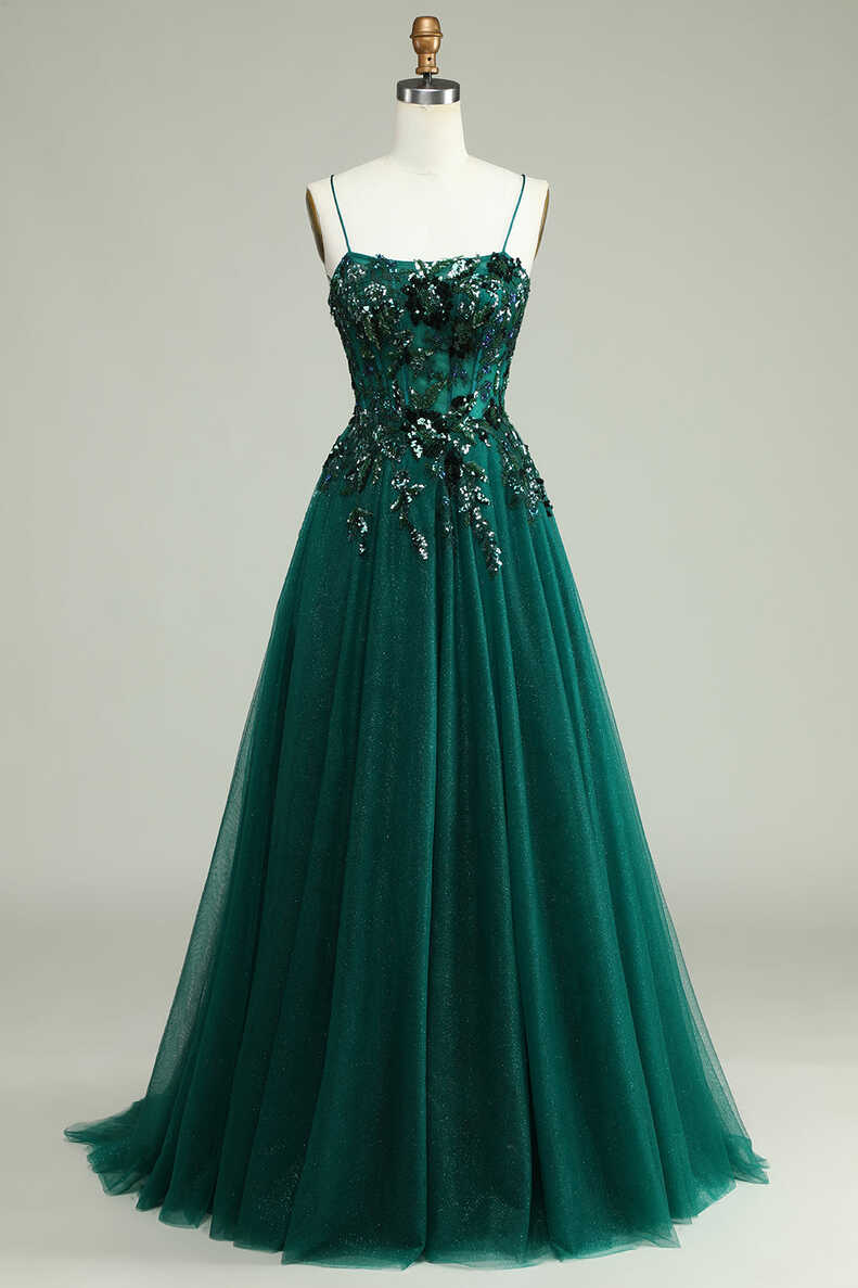 Zapaka Women Dark Green Corset Prom Dress A Line Spaghetti Straps ...